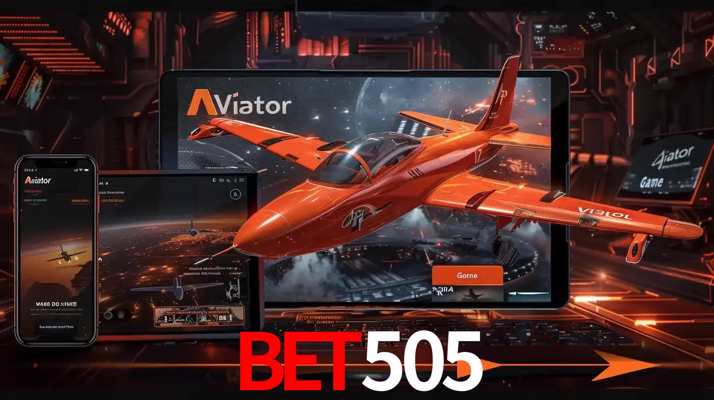 Apresentação tecnológica do jogo Aviator com um avião saindo da tela de um tablet, demonstrando a experiência imersiva em múltiplos dispositivos no BET505.