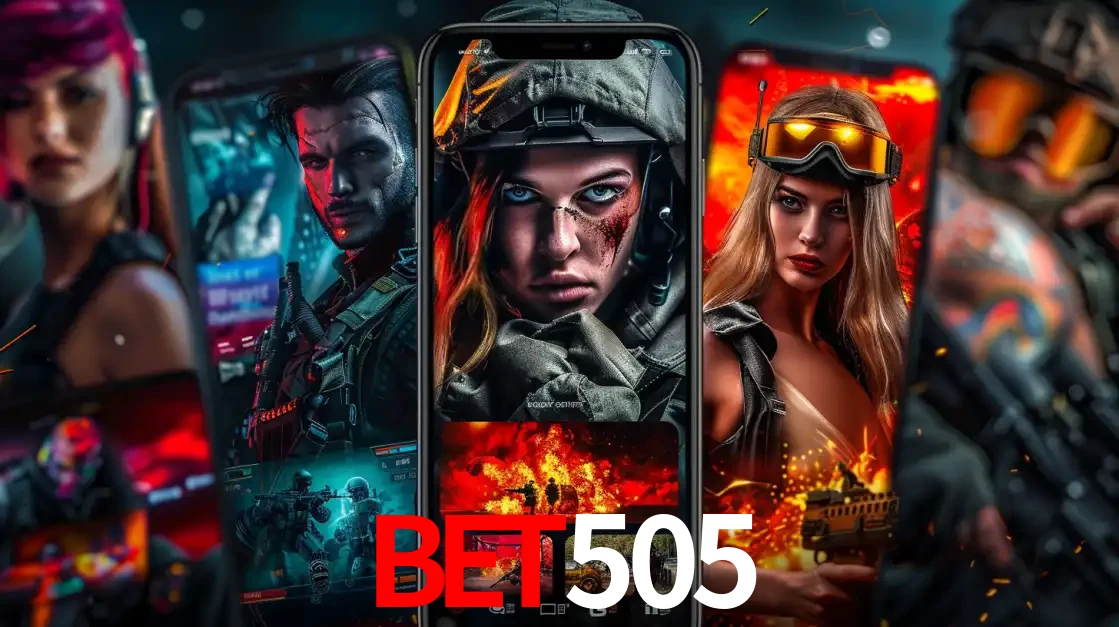 Montagem de telas de celular mostrando diversos personagens, masculinos e femininos, de um jogo de tiro, ilustrando a diversidade de equipes de e-sports para apostar no BET505.