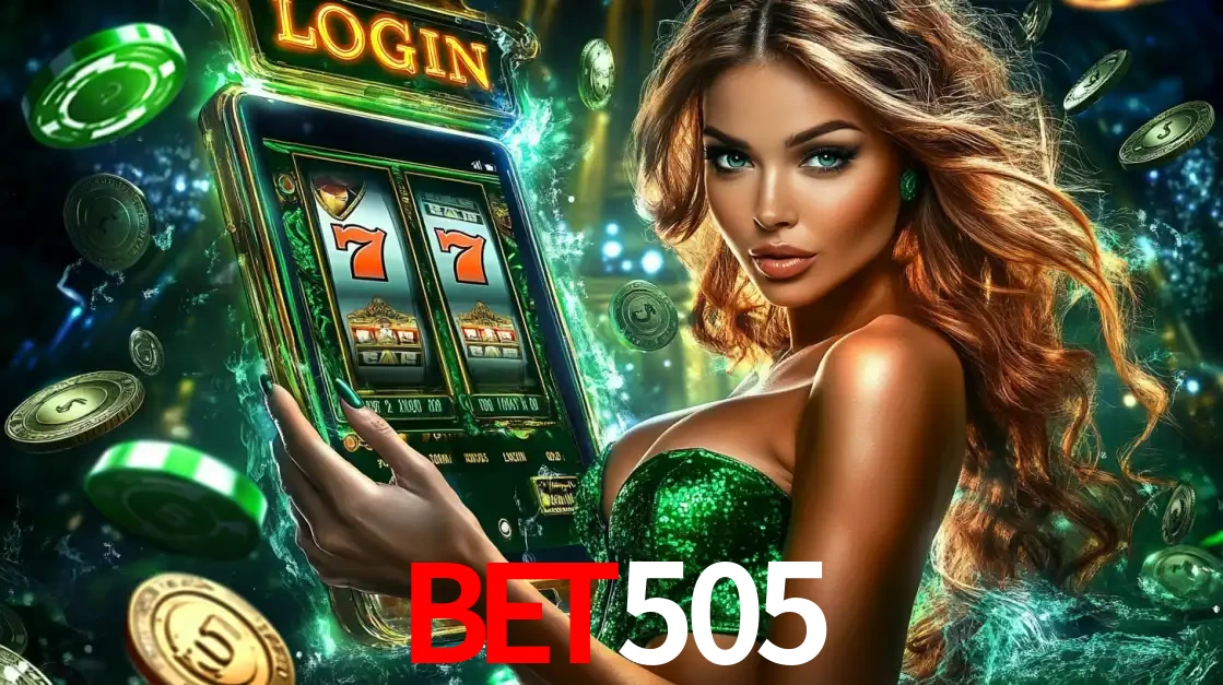 Mulher com tema verde apresentando o aplicativo do cassino BET505 com um jogo de slot de 777, cercada por fichas de cassino e uma aura de sorte.