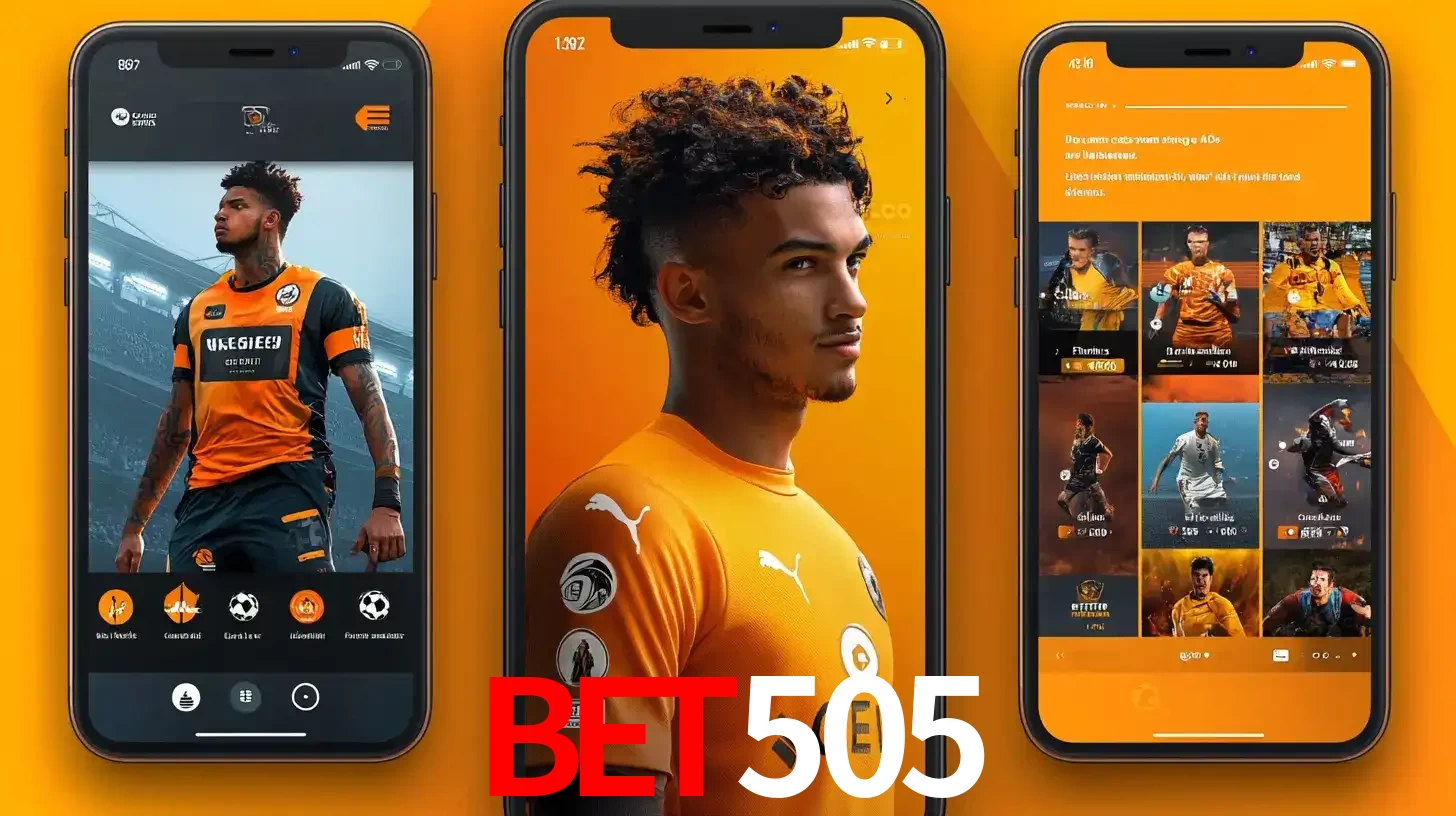 Interface do aplicativo de apostas esportivas BET505 em três telas de celular, mostrando o perfil de um jogador de futebol e a lista de jogos disponíveis para apostar.