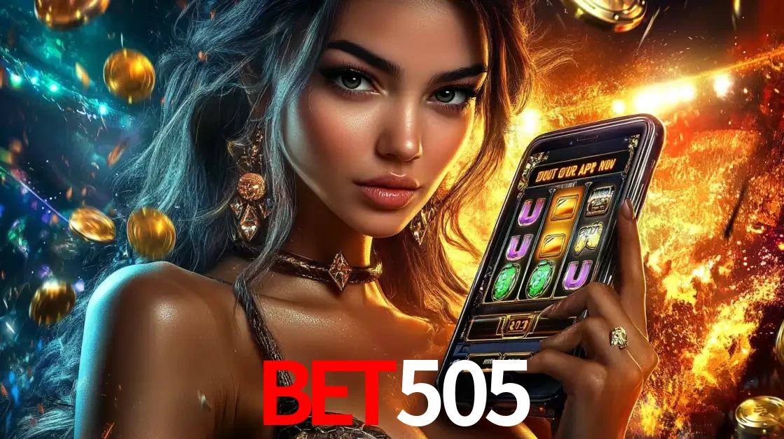 Mulher elegante mostrando um jogo de caça-níqueis em seu smartphone, destacando a experiência de cassino móvel oferecida pelo aplicativo BET505.